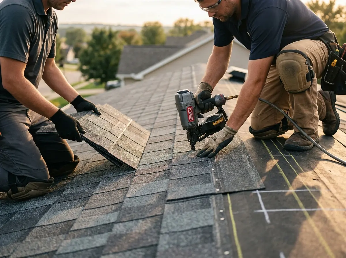 Professional roofer working on a residential roof in Hewitt